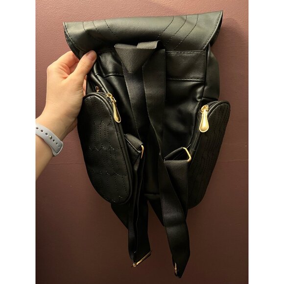 Owl Shaped Black Backpack Purse Gold Embroidery and Zippered Pockets - Picture 3 of 8